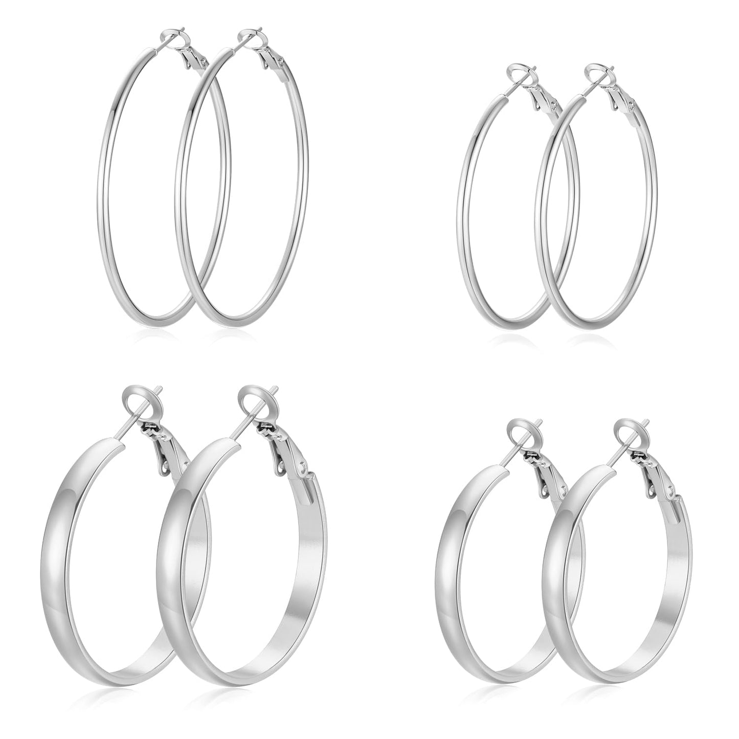 PICKBEAU Chunky Silver Hoop Earrings for Women | 14K Plated Hypoallergenic 4mm Wide & Thin Big Round Circle Hoops Stainless Steel Womens Dangle Earring Set (30/40mm)