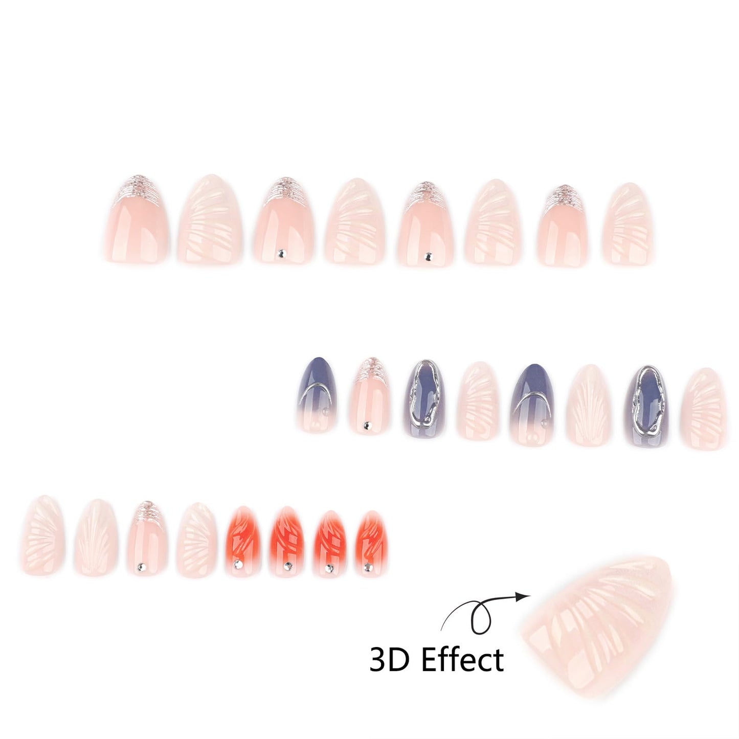 Mivota 3D Nude Almond Press on Nail Short Fake Nails with Silver French Tip False Nails, 3D Silver Lines Design Artificial Acrylic Nail Press ons Reusable Almond Nail Glue on Nails for Women