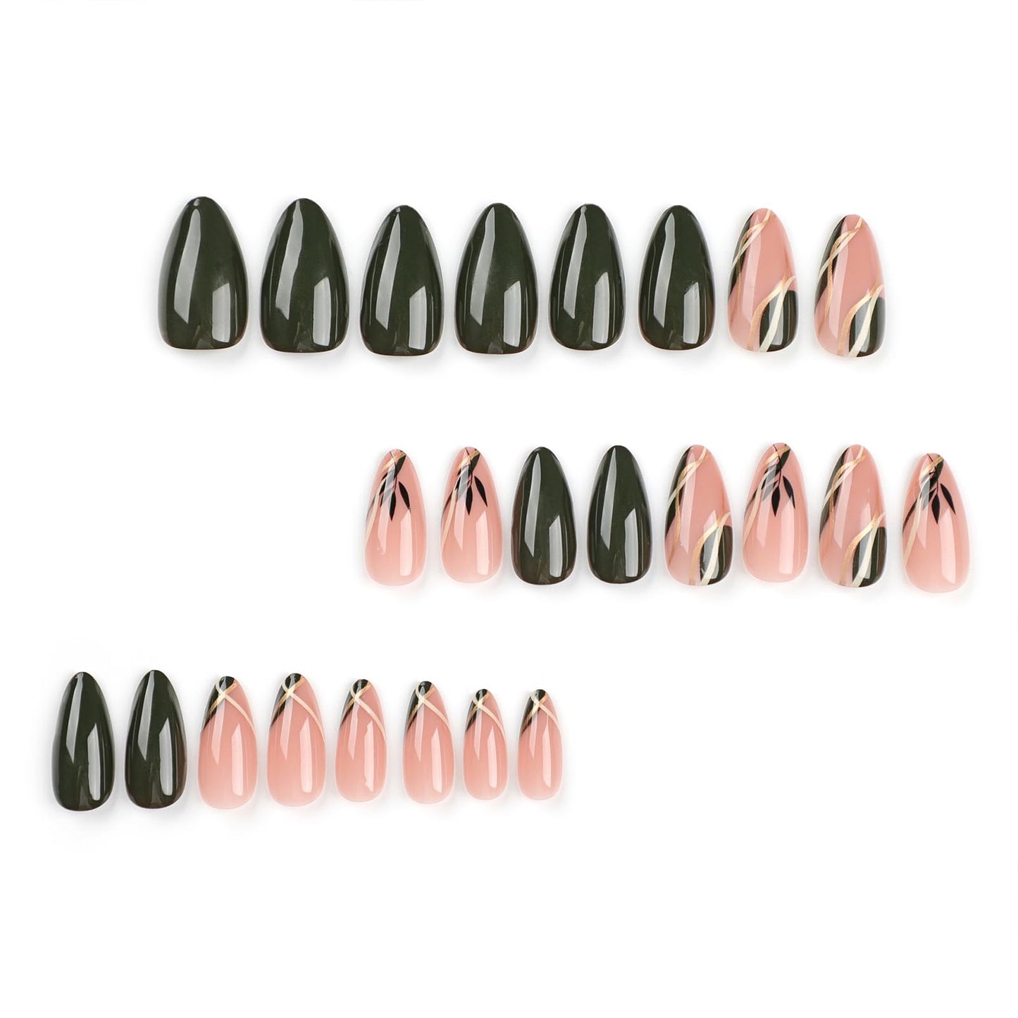 FJSMTOPl Green Press on Nails Almond Fake Nails Press ons with Designs Leaf Medium False Nails Glue on Nails Glossy Full Cover Acrylic Artificial Stick on Nail for Women Manicure 24Pcs