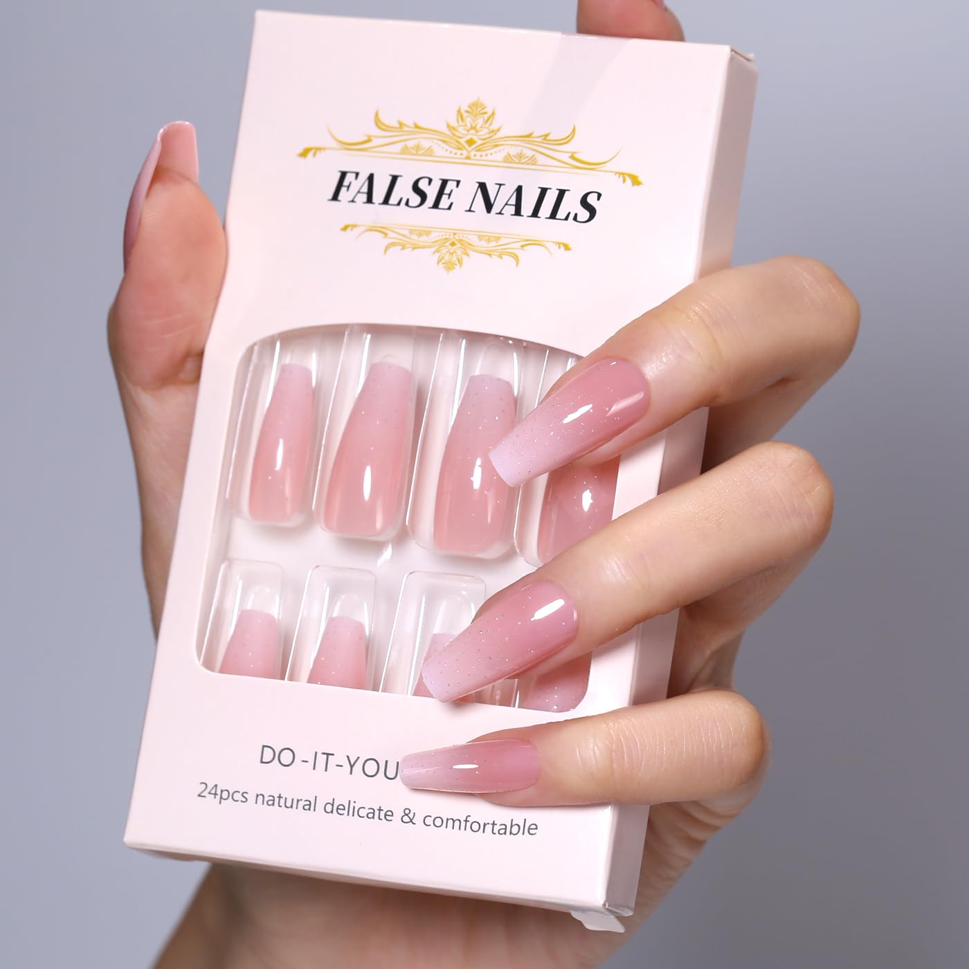 Goolich Pink Ombre Press On Nails Medium Coffin, Pink with Glitter Nails Press ons Set with Adhesive Tabs, 24 Pcs 12 Size Reusable Full Cover Glue on Nails for Women