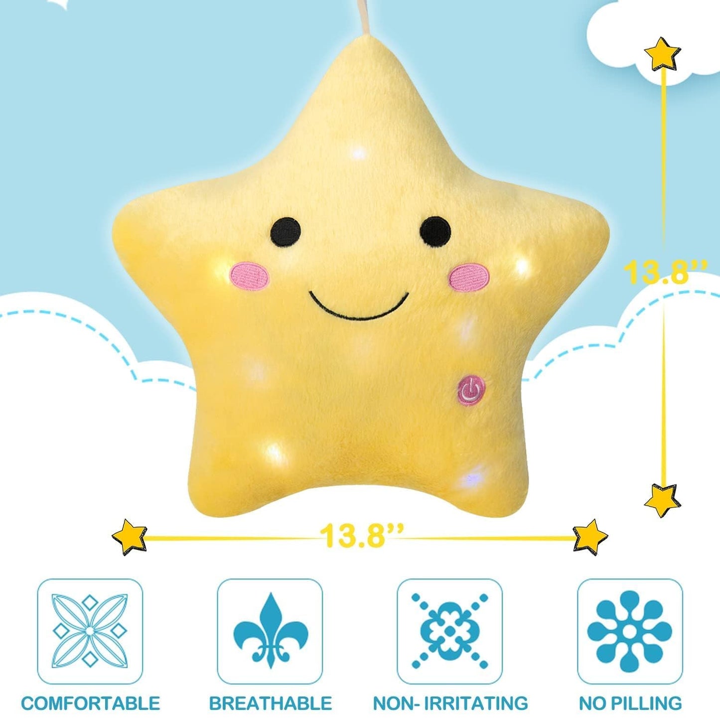 DearSun 13.8" Light Up Twinkle Star Pillow, LED Star Plush Pillow with Colorful Night Lights, Soft Glowing Stuffed Star Toy Cute Throw Pillow for Kids, Birthday Gift, Bedroom, Nursery(Yellow)