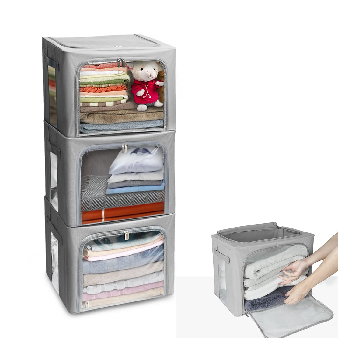 Stackable Clothes Storage Box for Clothing Gadgets,Steel Frame Storage Bins for Toys Gift,Foldable Oxford Fabric Closet Organizer Bag Set w/ Carry Handles Clear Window (Medium- 40L x3 Pack, Grey)