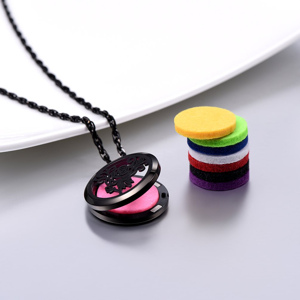 Diffuser Aromatherapy Necklace,Perfume Locket Pendant Charm,Delicate Rose Flower Hot Women Jewelry,Black Stainless Steel