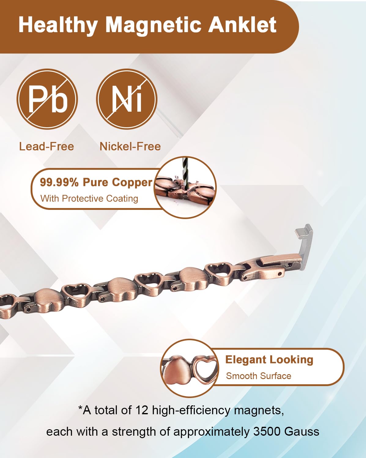 MagVIVACE Pure Copper Anklet for Women, Magnetic Ankle Bracelet with Magnet (Type A -2pcs)