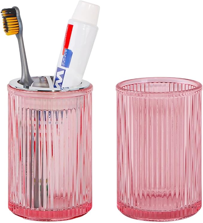 Pink Toothbrush Holders for Bathrooms, 2pcs Glass Toothbrush Holder and 12oz Bathroom Tumbler Cup Set, Silver Tooth Brush and Toothpaste Organizer for Bathroom Vanity Countertop