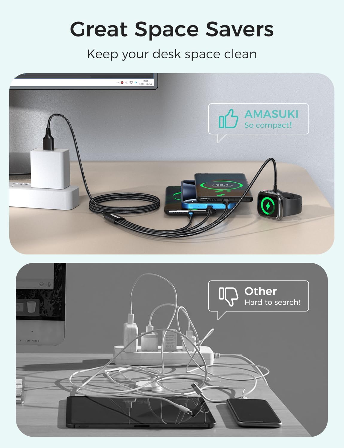 Travel Essentials Multi Charging Cable for Watch Charger 4 in 1 Fast Charger Camping Essentials USB C/L/Micro Compatible with Watch Series 10-1/SE/Ultra Phone 16 15/Galaxy Android-4FT/Black