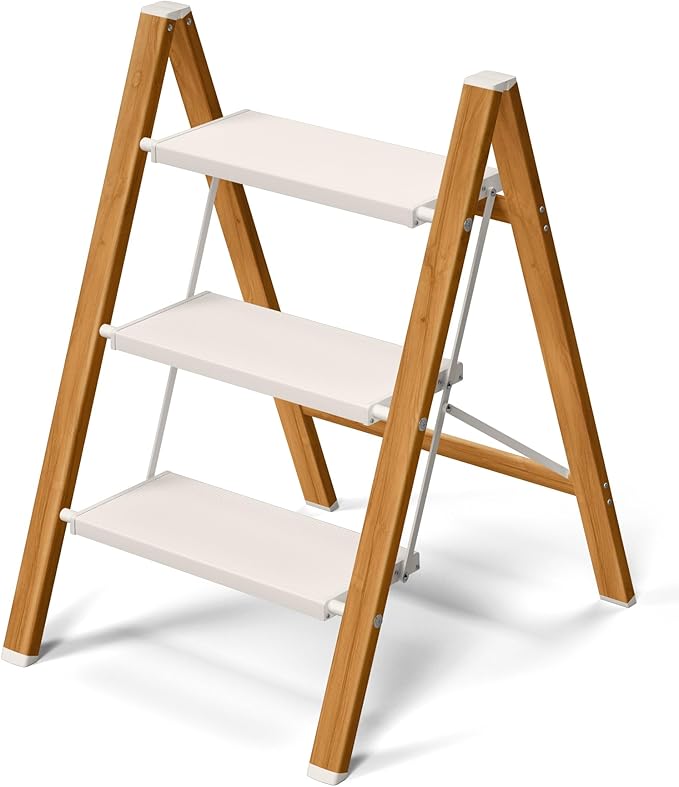 Taranta 3 Step Ladder,Aluminum Lightweight Folding 3 Step Stool with Anti-Slip Super Wide Pedal,330lbs Capacity Step Ladder for Household,Kitchen,Office - White Woodgrain
