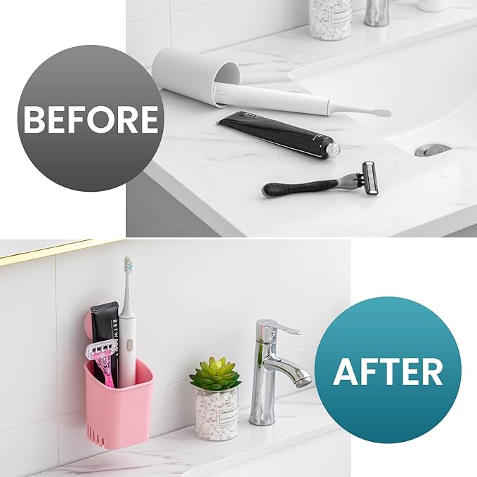 TAILI Suction Toothbrush Holder for Shower Wall, Self-draining Shower Cup for Razor, Toothpaste, Kitchen Tableware. No Nail, No Glue, No Tool! Strong Suction Cup Toothbrush Holders for Bathroom, Pink