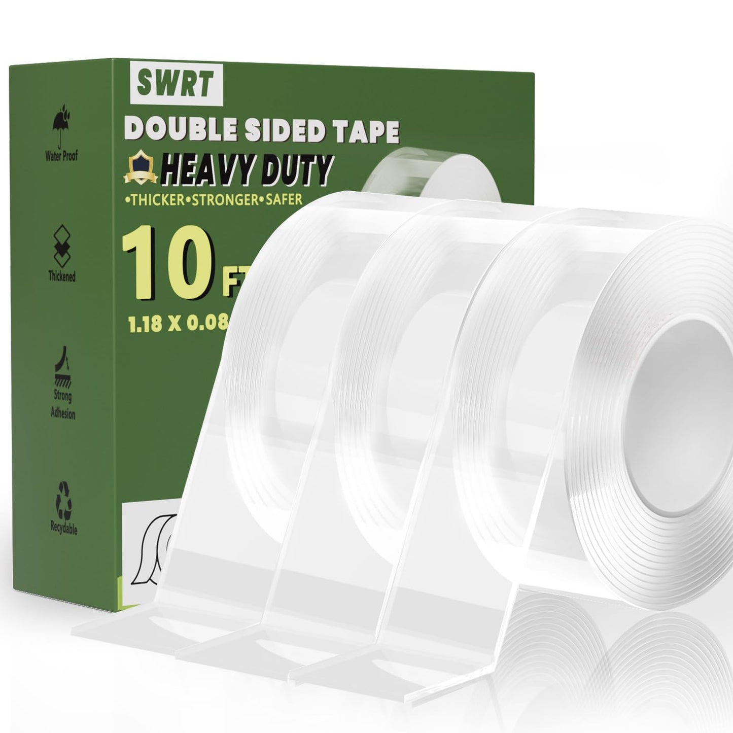 SWRT 3 Pack 1.18 Inch x 10 FT 0.08 Inch Thick Double Sided Heavy Duty Tape, Strong Adhesive Nano Tape, Reusable Mounting Tape, Multipurpose for Home, Office, and DIY Projects