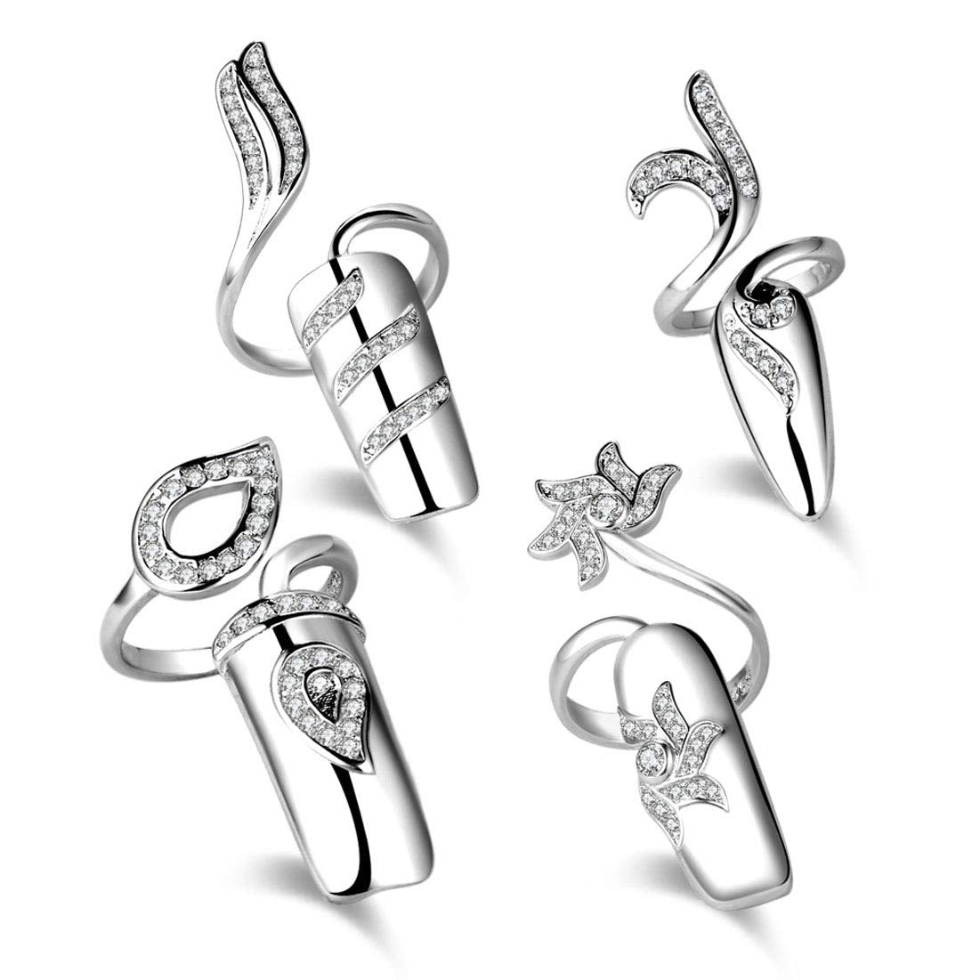 Suoirblss 4 PCS Women's Nail Cap Cover Ring Nail Protecting Fingernail Rhinestone Finger Tip Nail Ring Adjustable Opening Nail Art Charms Accessories (Silver)