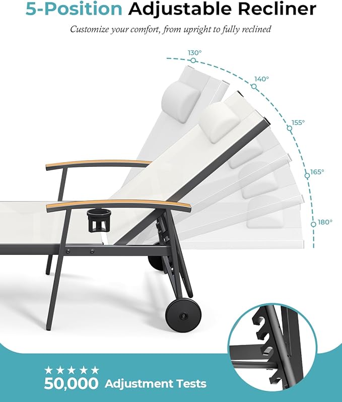 Ciokea Outdoor Lounge Chair with Pillow, 5-Position Aluminum Chaise Lounge with Wheels & Armrests, 400 lbs Heavy Duty Patio Pool Chair for Deck, Backyard, Beach & Poolside, White