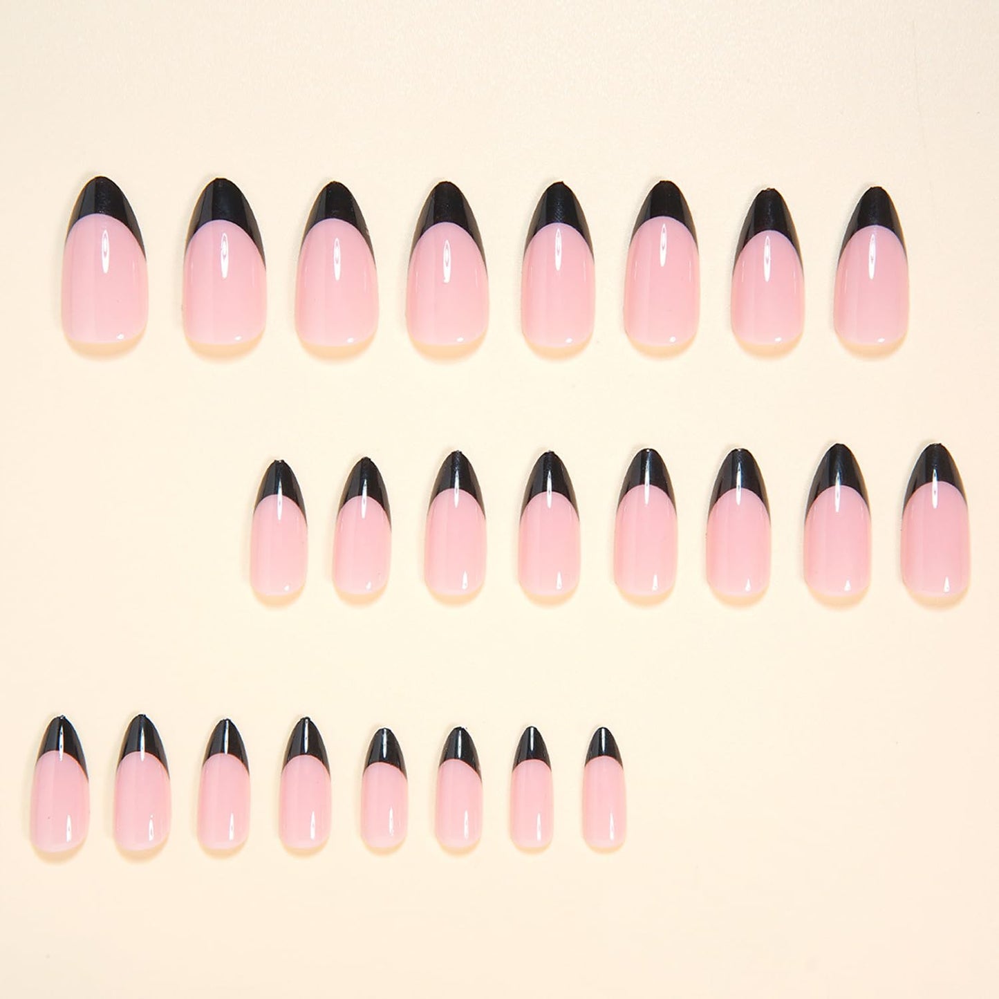 24Pcs Black Press on Nails with French Tip Design, Glossy Medium Almond Fake Nails French Nail Tips Solid Color Stick on Fingernails Nude False Nail Cute Exquisite Elegance Fashion Simple for Women