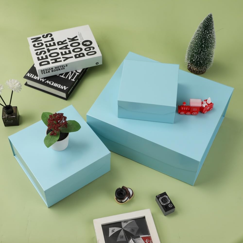 PACKGILO 1 Pcs Blue Gift Box Large 13x11x5.3 Inch Large Gift Boxes with Lids for Presents Magnetic Box with Crinkle Paper Luxury Bule Box with Shredded Paper