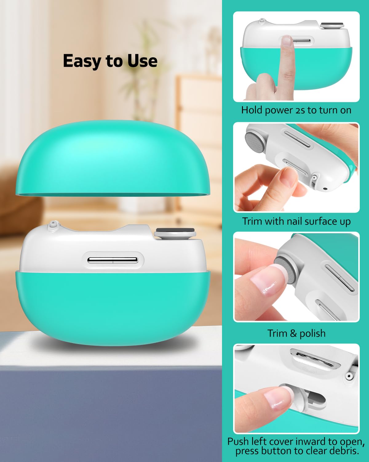 Electric Nail Clipper for Seniors & Adults, Automatic Nail Trimmer for Thick Nails, Safe Easy Use, 2 Speed Adjustable Blade Gap, Built-in Light, Rechargeable Nail Cutter with Polishing Head