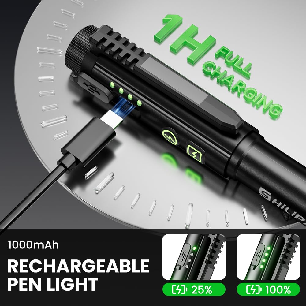 SHiLiPAi Pen Light Flashlight,600 Lumens Rechargeable 8 Modes COB Magnetic Flashlight with Clip Bright Pocket Flashlights Work Light Portable Waterproof Durable Penlight for Nurse(2p Black)