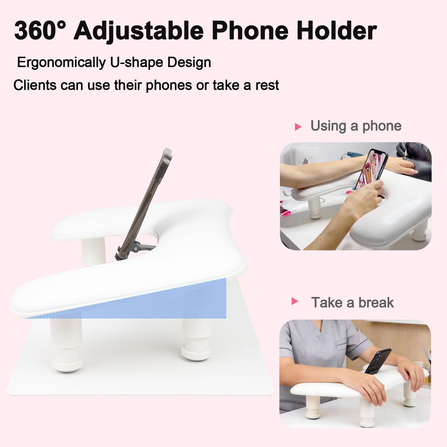 Arm Rest for Nails Tech with Nail Table Mat and Phone Holder,Adjustable Base U-shaped Manicure Nail Hand Rest Stand Pillow Cushion (White)