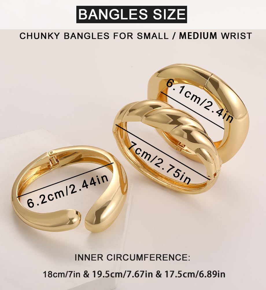 Chunky Gold Bangle Bracelets for Women, Dainty 14k Gold Plated Big Stackable Bangles Set, Trendy Cuff Bracelet Stack Fashion Jewelry Gifts (A4-gold)