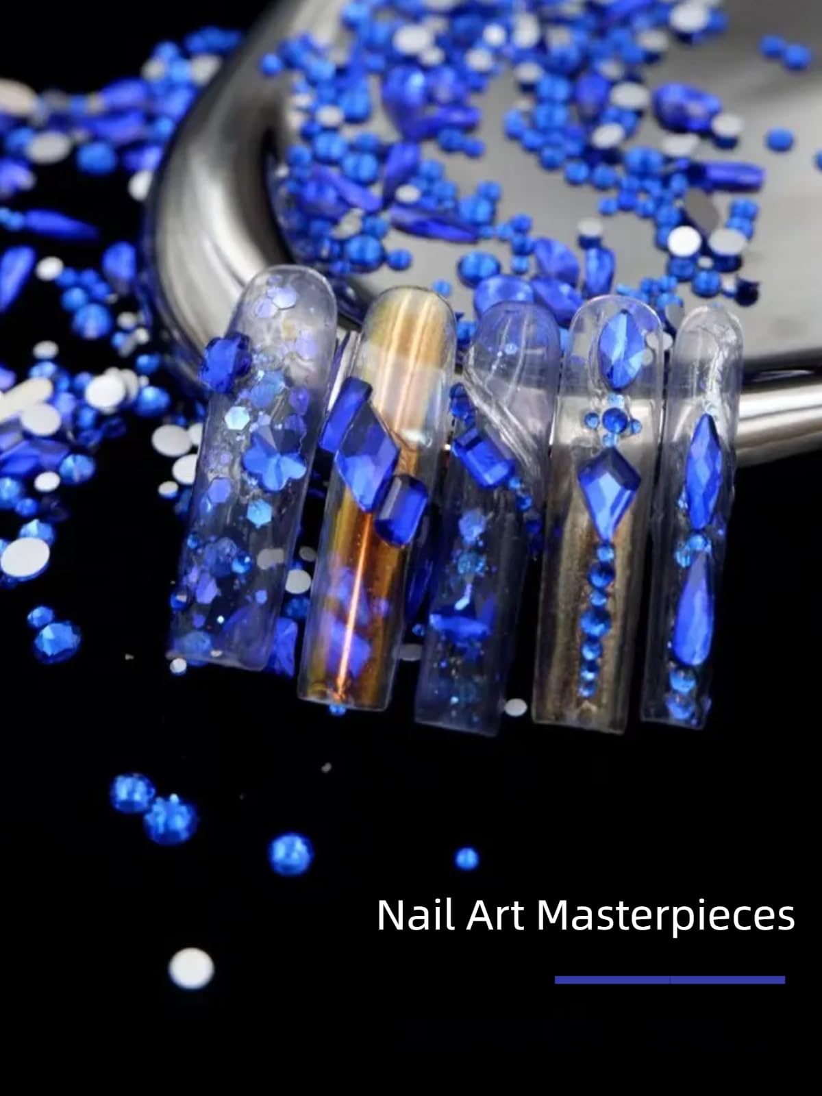 AMLAVIFISH 6080PCS Blue Rhinestones for Nails, Mix Sizes Blue Nail Charms and Gems with 20 Shapes, 3D Flatback Crystals Diamonds for DIY Nail Art Design (Tweezers Included)