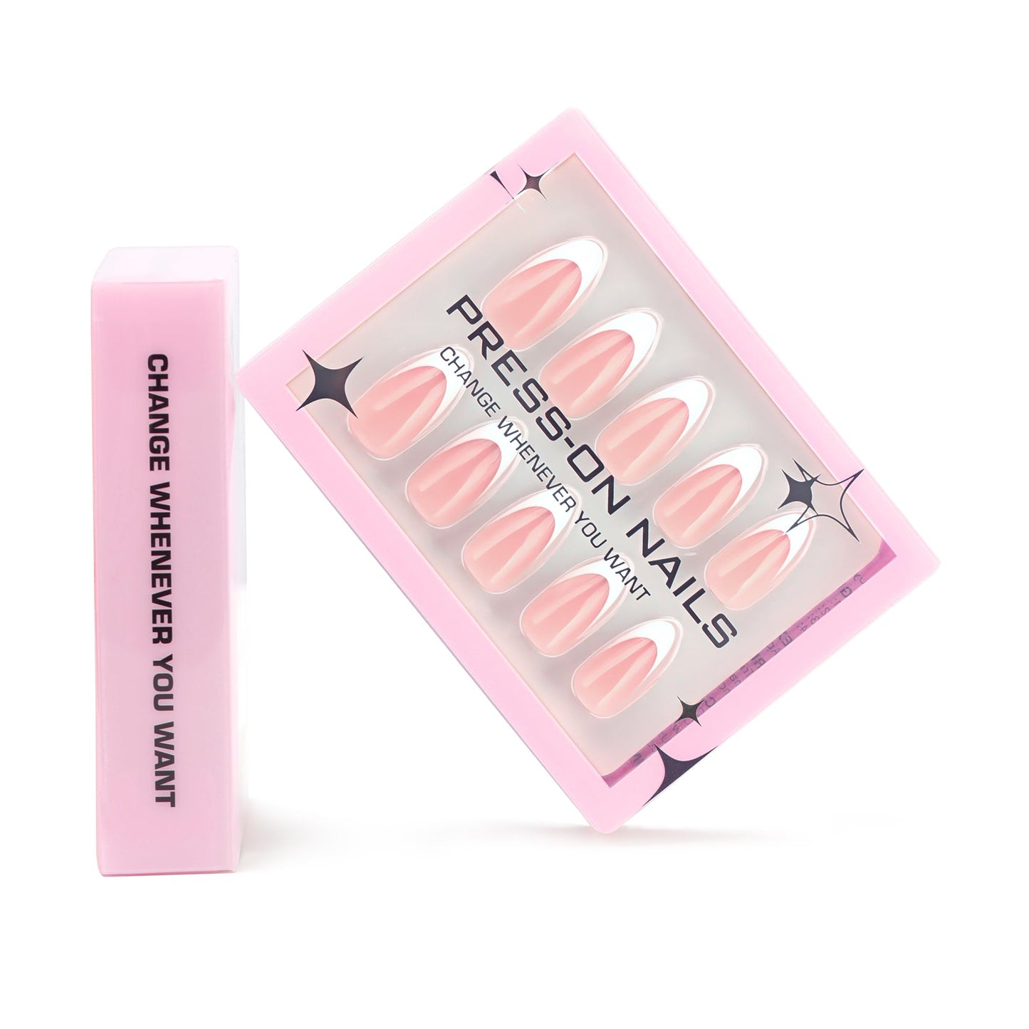 Almond Press-On Nails – 30 Pcs Glossy Chrome, French Tip & Solid Color Nail Set with Glue & Adhesive Tabs | PMMA Coated Reusable False Nails for Women & Teens (Minimal Chic, Medium)