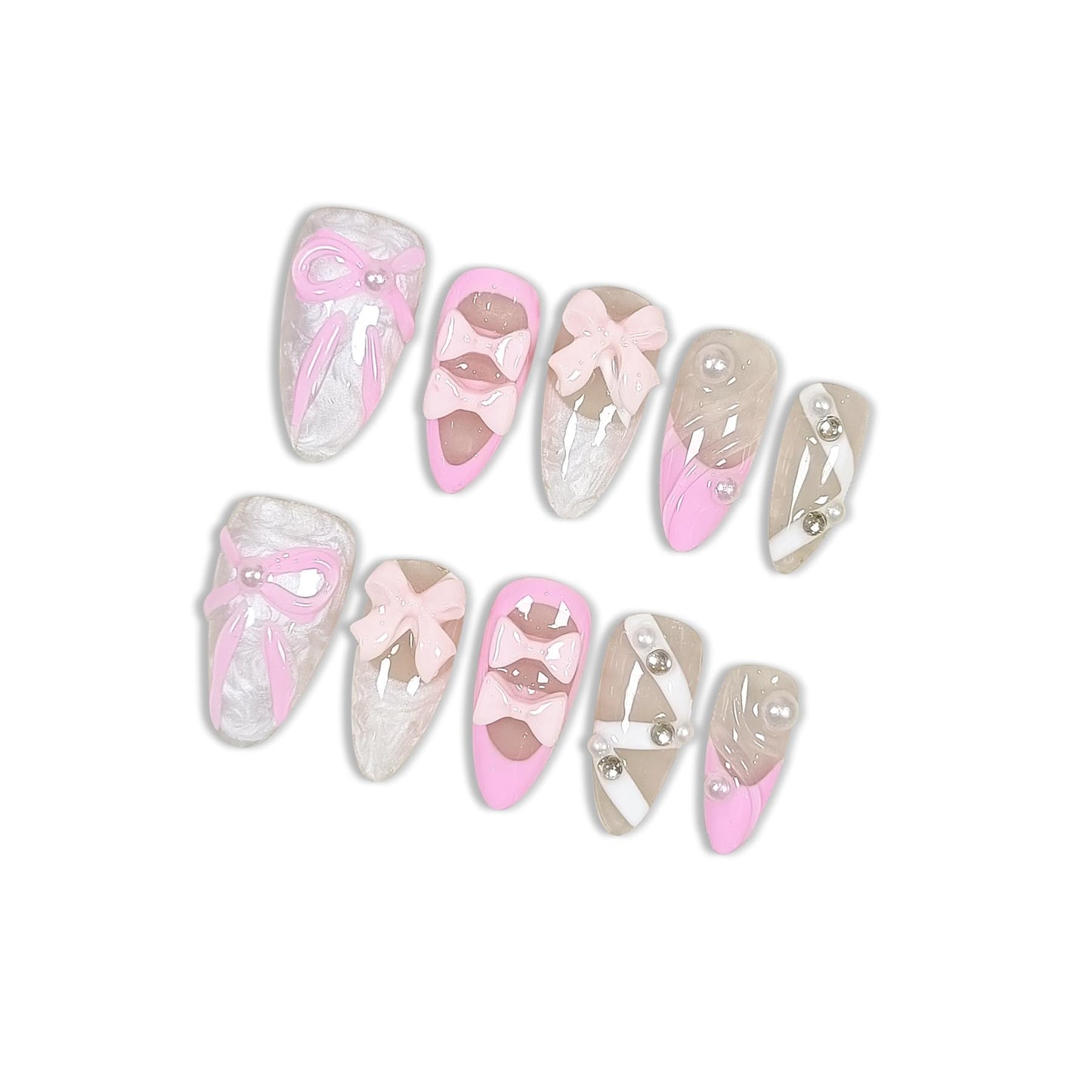 Hantyer 10PCS French Ballet-Inspired Press on Nails with Tools Kit, Medium Almond Glossy Nails in Pink & White, Gel Nails with 3D Bows, Pearls & Rhinestones, Sweet-Edgy Style for Women(Size M)