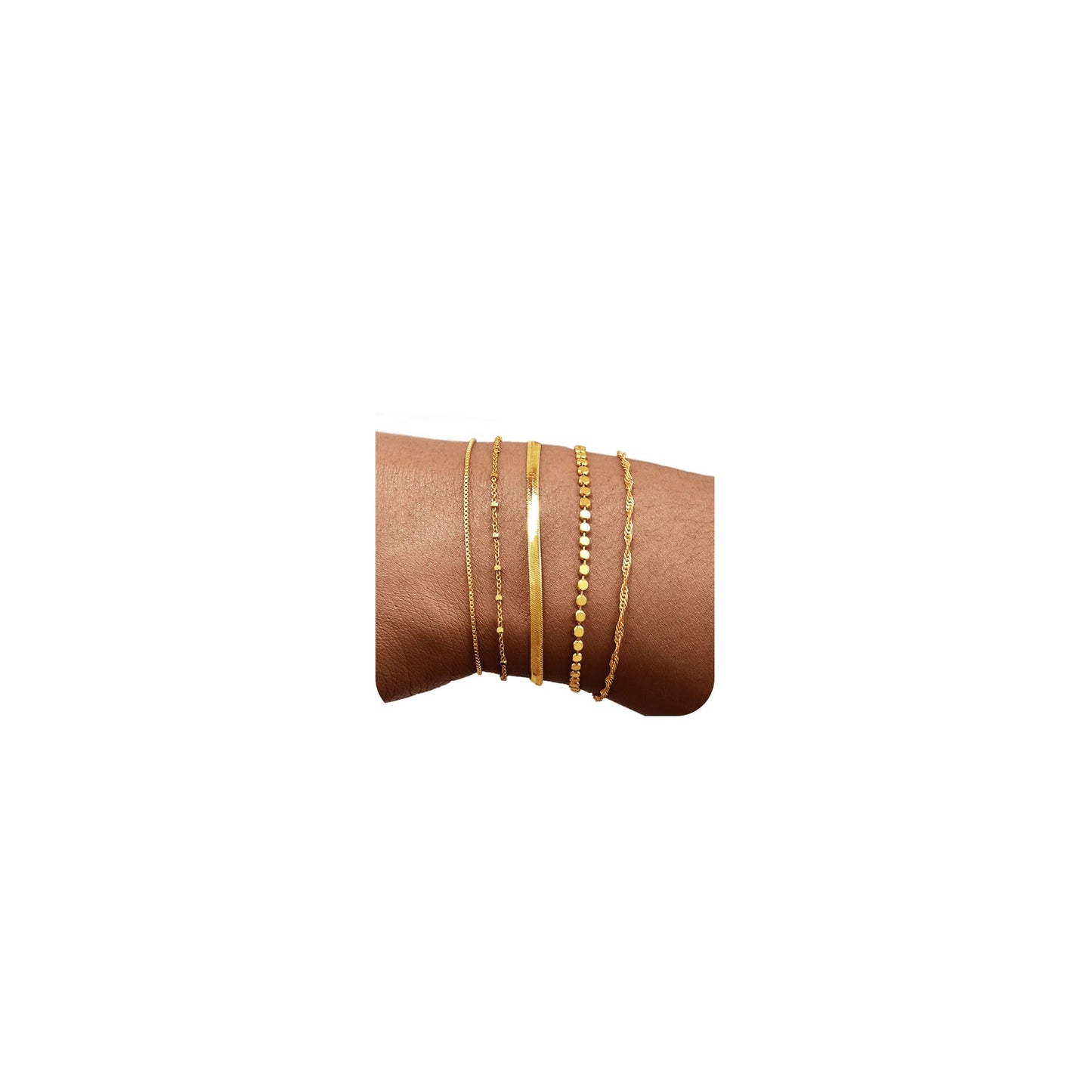 Striviio Gold Bracelets for Women, 14K Gold Plated Stackable Bracelet Stack Set Adjustable Charm Small Square Chain Snake Link Layered Waterproof Jewelry Sets Gifts