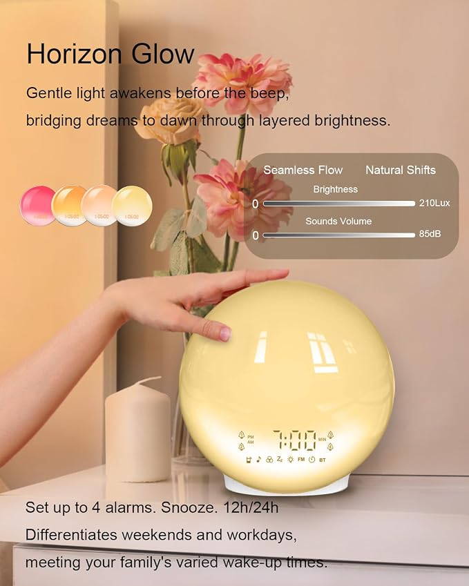 Smart Sunrise Alarm Clock with No Signup APP Control & Wake-Up Light, 4 Alarms, Sound Machine, FM Radio, Wireless Speaker, White