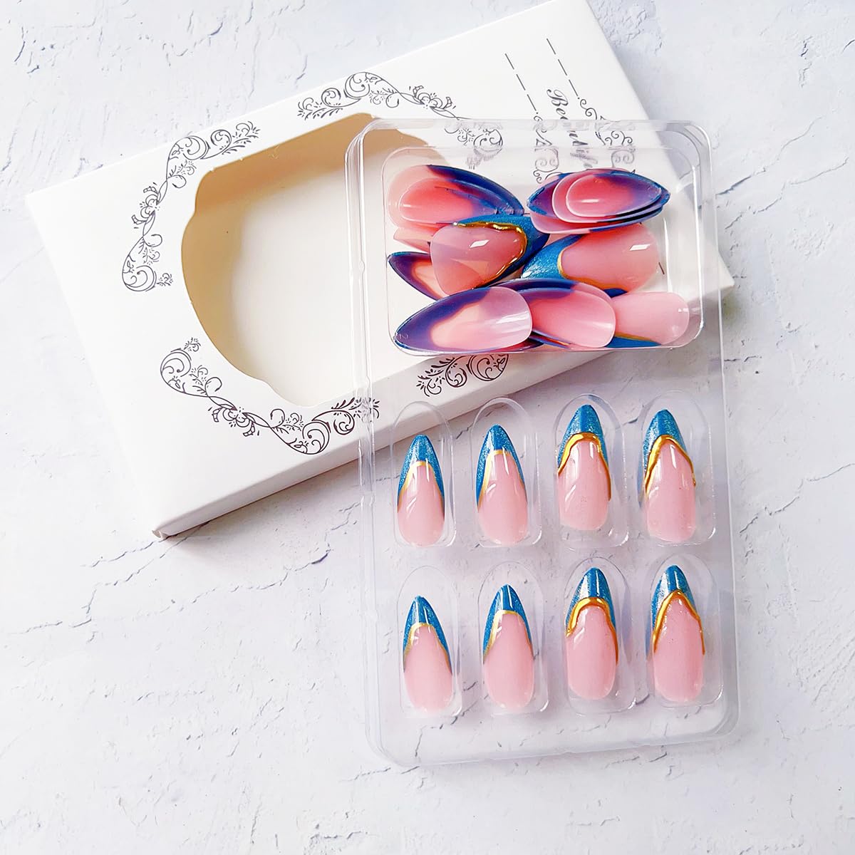 Blue French Tip Press on Nails Medium Almond Cat Eyes Fake Nails with Gold Curve Line Designs Blue False Nails Acrylic Artificial Spring Summer Stick on Nails for Women DIY French Manicure Kit