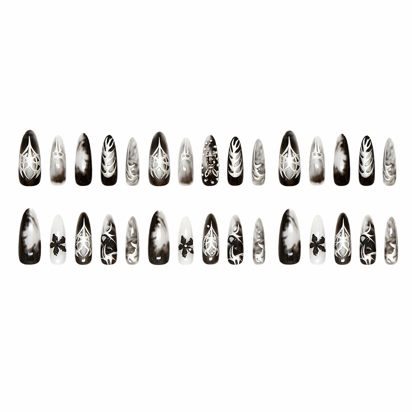 MERVF 24Pcs Long Stiletto Press on Black French Tip Goth Fake Nails with 3D Rabbit, Flower Design, Fire Glue ons Acrylic Glossy Finish, Easter