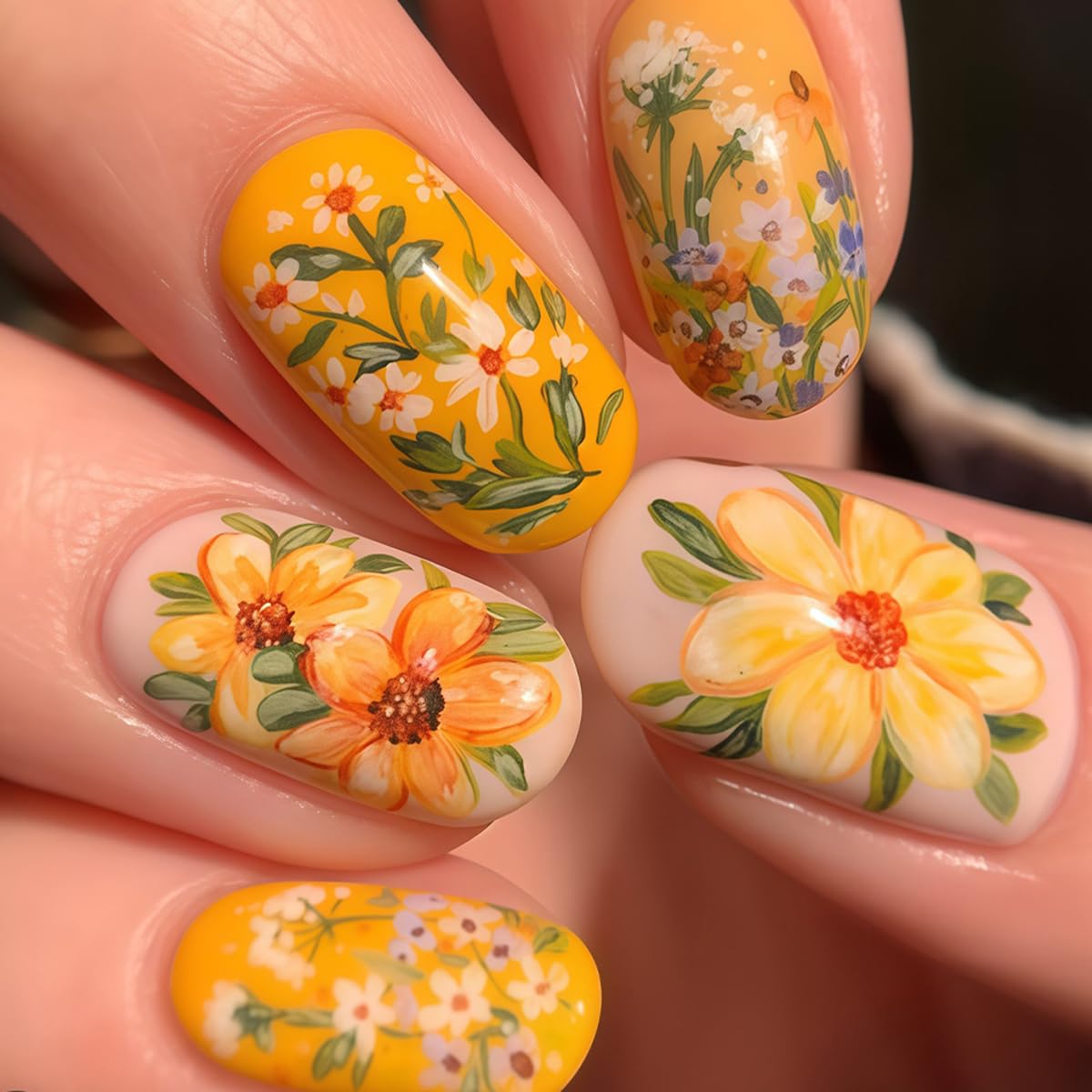 Short Press on Nails Oval - Yellow with Flower Design, Oil Painting Style Full Cover Glossy Fake Nails 24PCS for Women Manicure
