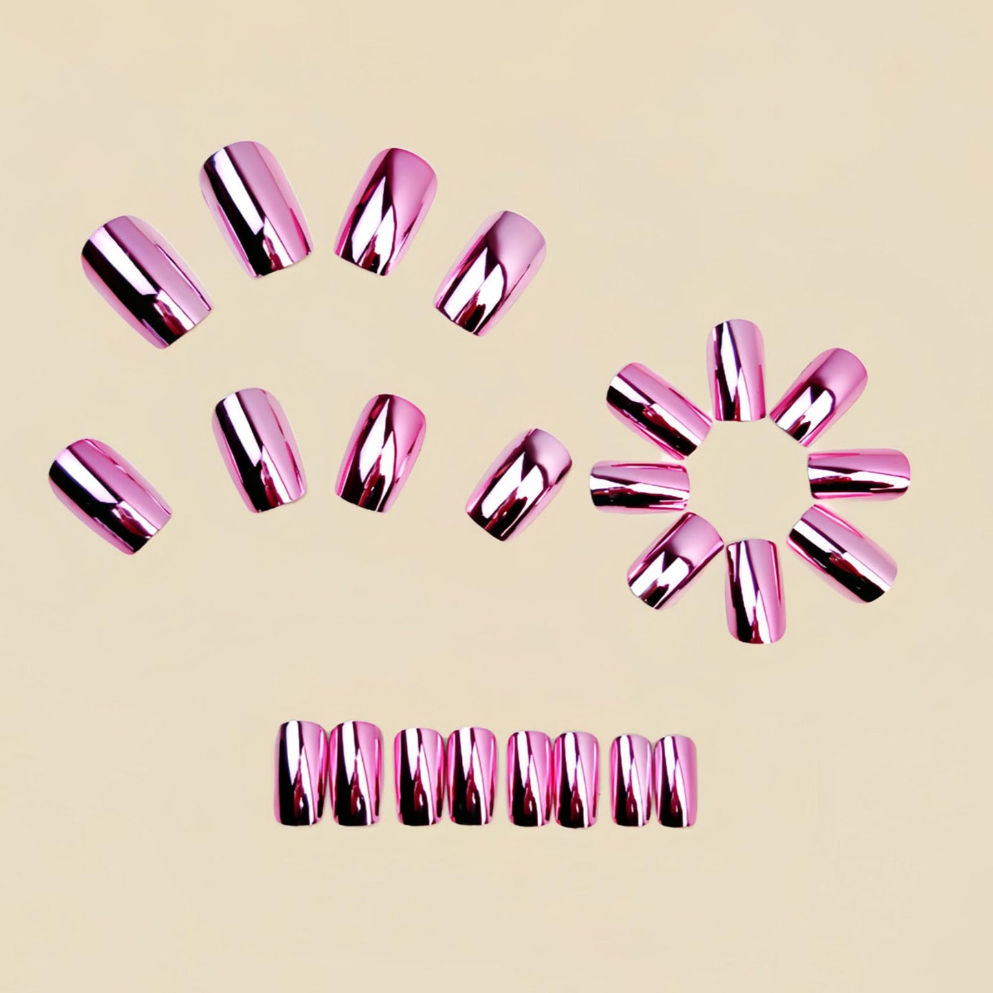 RUOKEXIN Medium Length Press on Nails Square Fake Nails Pink Chrome False Nails Full Cover Nail Press ons Sparkly Artificial Nails for Women 24Pcs