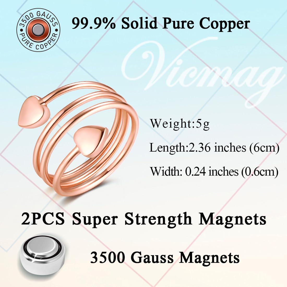 Vicmag Copper Magnetic Ring for Women Ring Ladies Fingers Thumb 99.9% Solid Pure Copper Gift 2PCS Adjustable (Rose Gold Heart)