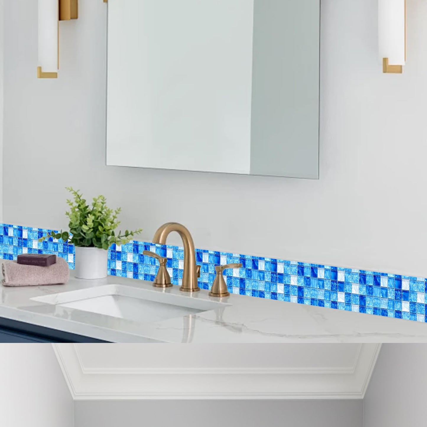 HOMETITUTE Wallpaper Border Peel and Stick Wall Border 4x196 Inch Blue Mosaic Tile Wallpaper Trim Decorative Accent Strip for Bathroom Kitchen Mirror Frame Wall Décor
