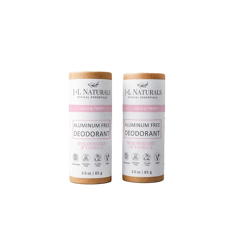 J&L Naturals Aluminum Free Deodorant for Men & Women | 100% Natural Ingredients With Coconut Oil, Shea Butter, & Essential Oils | Sustainable, Eco-Friendly (Strawberry & Vanilla, 3.0 Oz (Pack of 2))