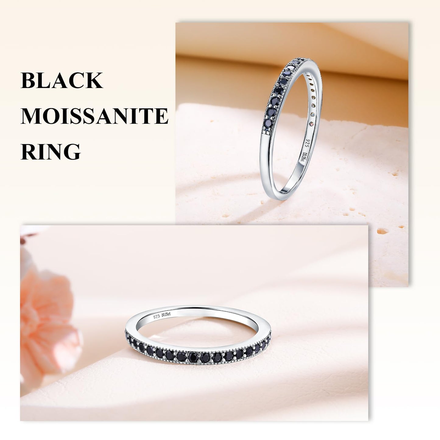 Black Diamond Ring 1.7mm Width Wedding Bands for Men Women 925 Sterling Silver Stackable Half Eternity Band Rings VVS 0.25 Carat Moissanite Anniversary Rings for Women, Size 6