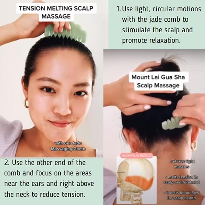 Mount Lai Hand-Carved Natural Jade Gua Sha Scalp Comb – Scalp Massager & Scraping Guasha Tool for Relaxation, Blood Circulation & Cooling