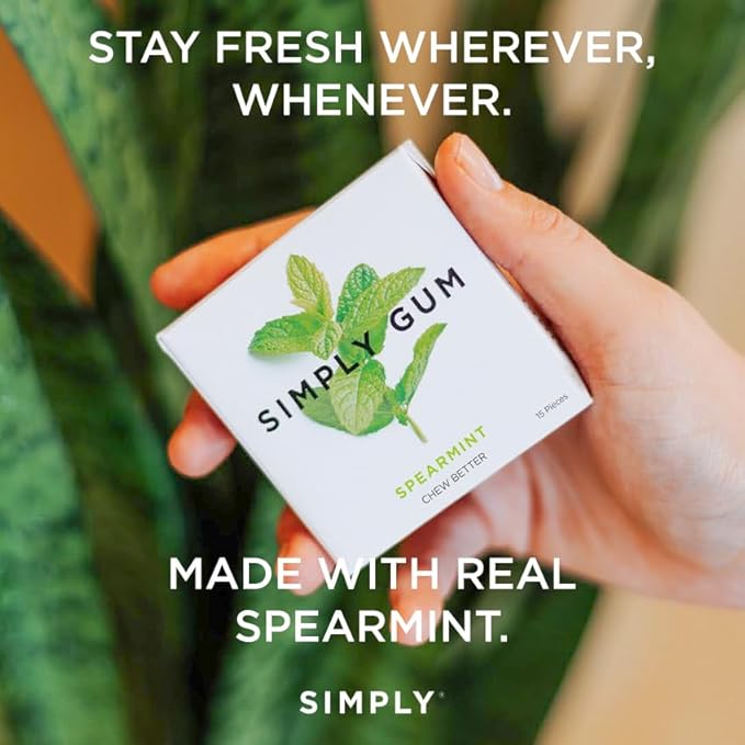 SIMPLY Gum Spearmint, Plastic-Free Natural Chewing Gum, 6 Pack (90 Pieces) | Vegan, Kosher, Non GMO, Aspartame Free and Sorbitol Free