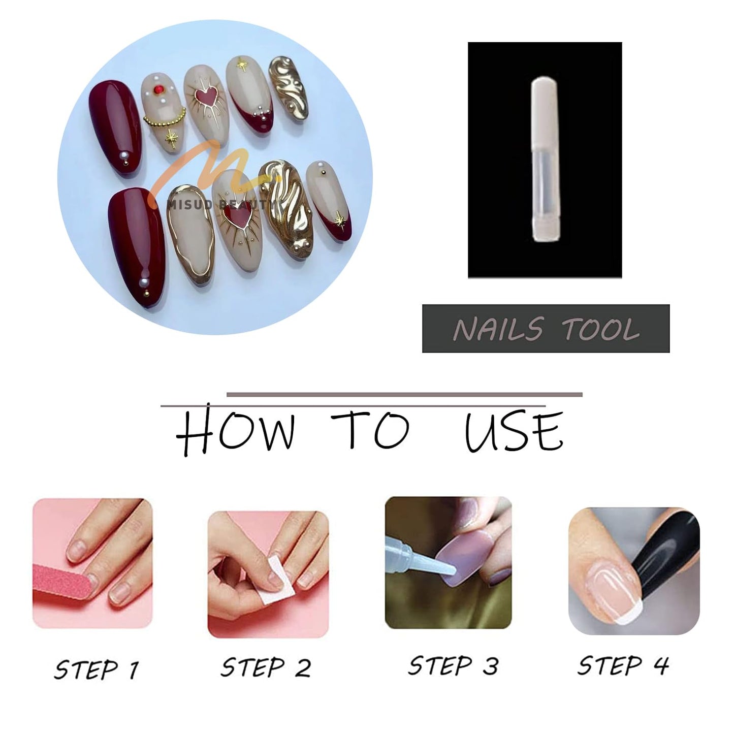 MISUD Press on Nails - Medium Almond Fake Nails with Purple French Tip, Acrylic Gold Chrome Design 24 pcs