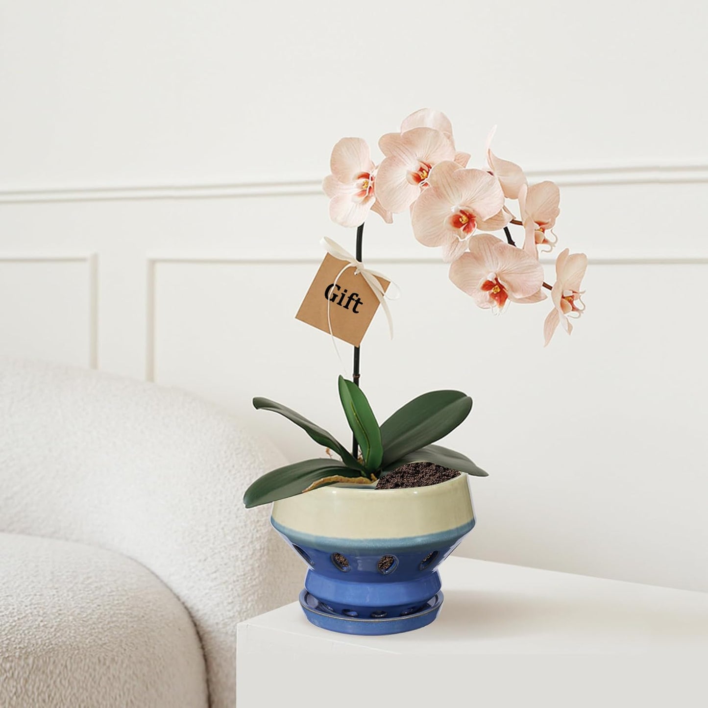 Gepege 6.5 Inch Orchid Pots with Holes for Indoor Plants, Plant Pots with Drainage Hole, Ceramic Flower Planter with Saucers, Blue Ceramic Planter