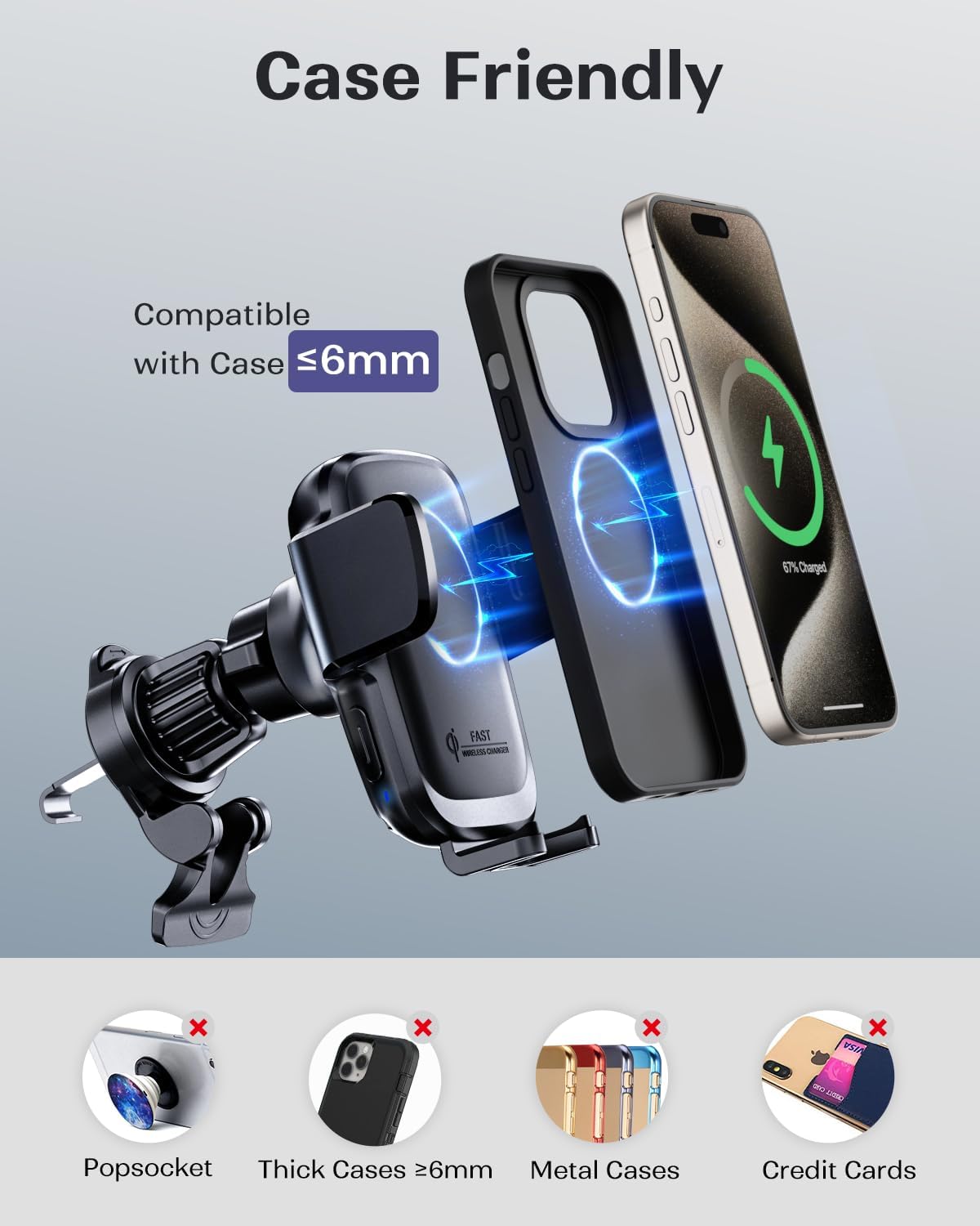 KPON Wireless Charger for Car, Car Phone Holder Charger Mount Qi Certified Auto Clamping 15W Fast Charging for Dashboard Air Vent Windshield Mount for Samsung Galaxy/iPhone 16 15 14 13 12 /Google/LG