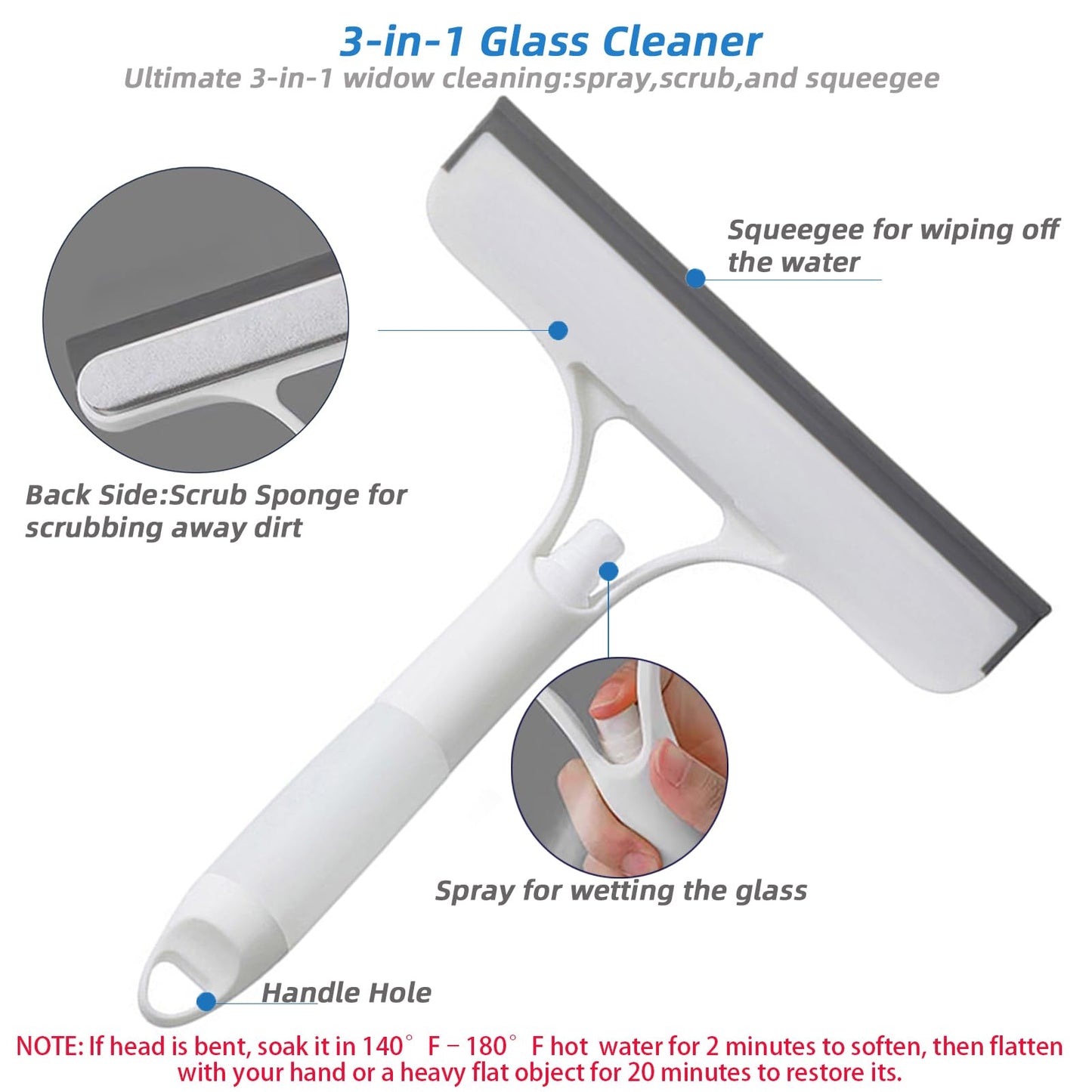 3 in 1 Window Squeegee, Cleaning Scraper with Scrubber Sponge Sprayer Clean Kit for Glass, Tile Walls, Shower Door, Car, Bathroom Cleaner (White)