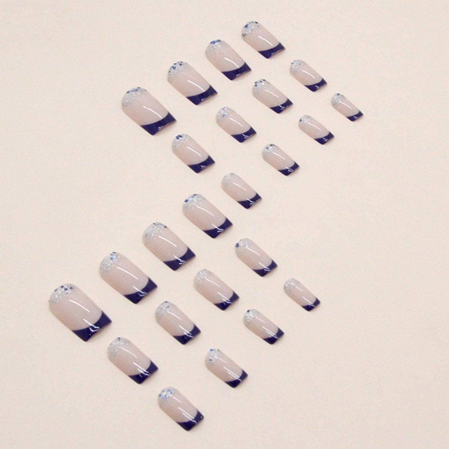 DANMANR Press on Sequins Nails Blue False Shiny Nails Full Cover Acrylic Medium Fake Jelly Square Nails for Women and Girls 24PCS
