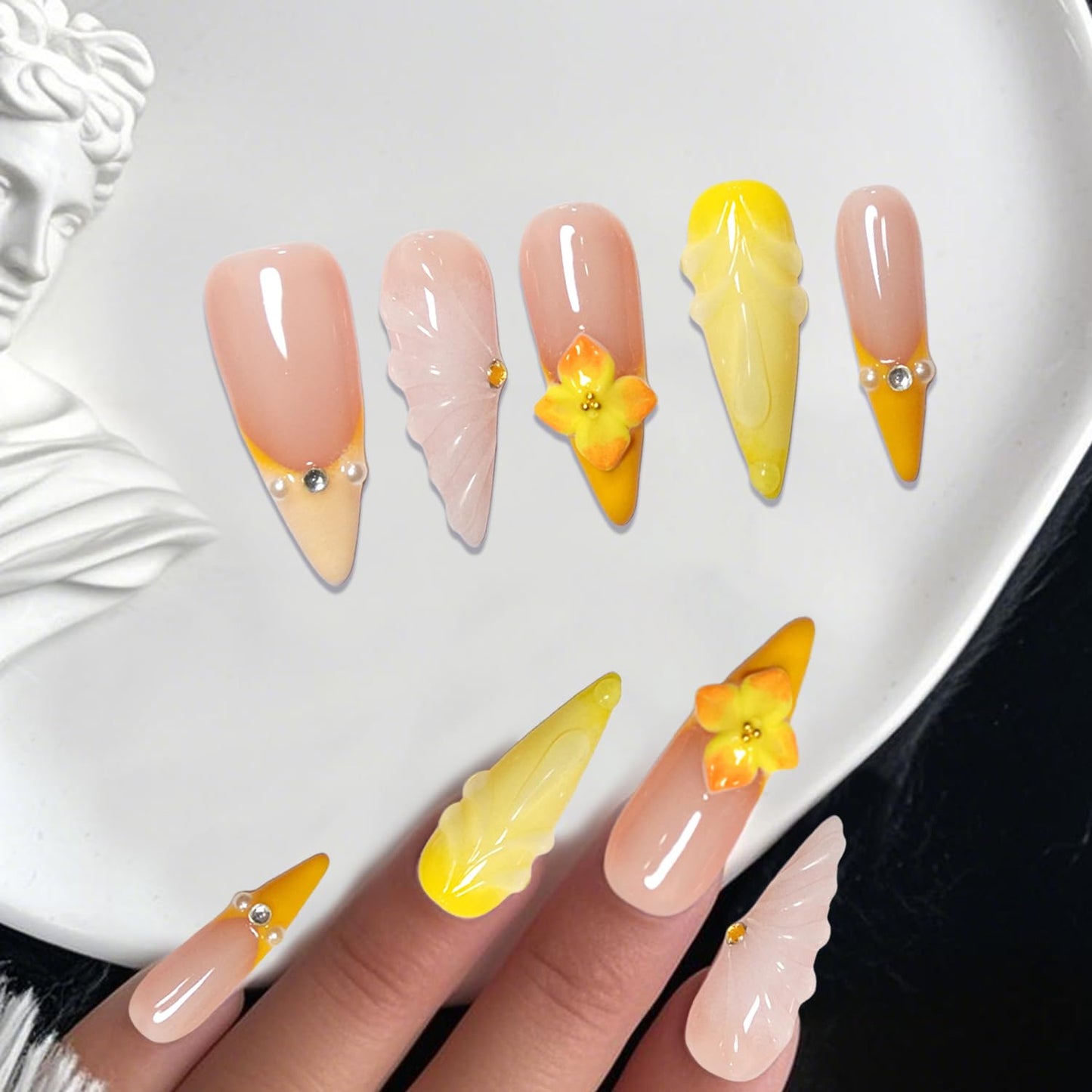 GREENTEA Handmade Press-On Nails, Yellow French Tips with Floral Design, Nude Base, Stiletto Shape, Size-M