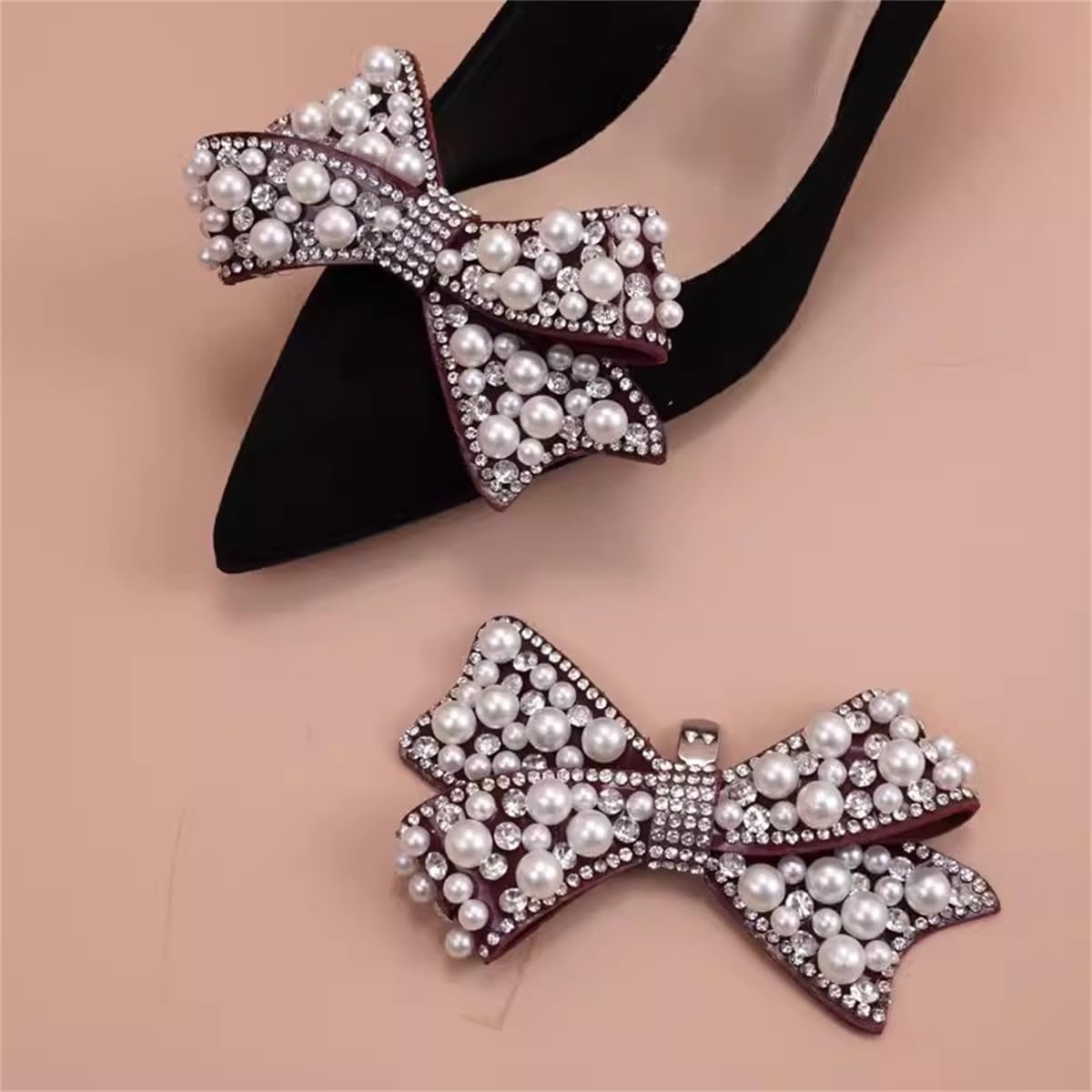 2 Pcs Pearl Bow Shoe Clips DIY Rhinestone Shoe Clips Bridal Wedding Shoe Accessories Detachable Shoe Buckle Heels Decor Beige White
