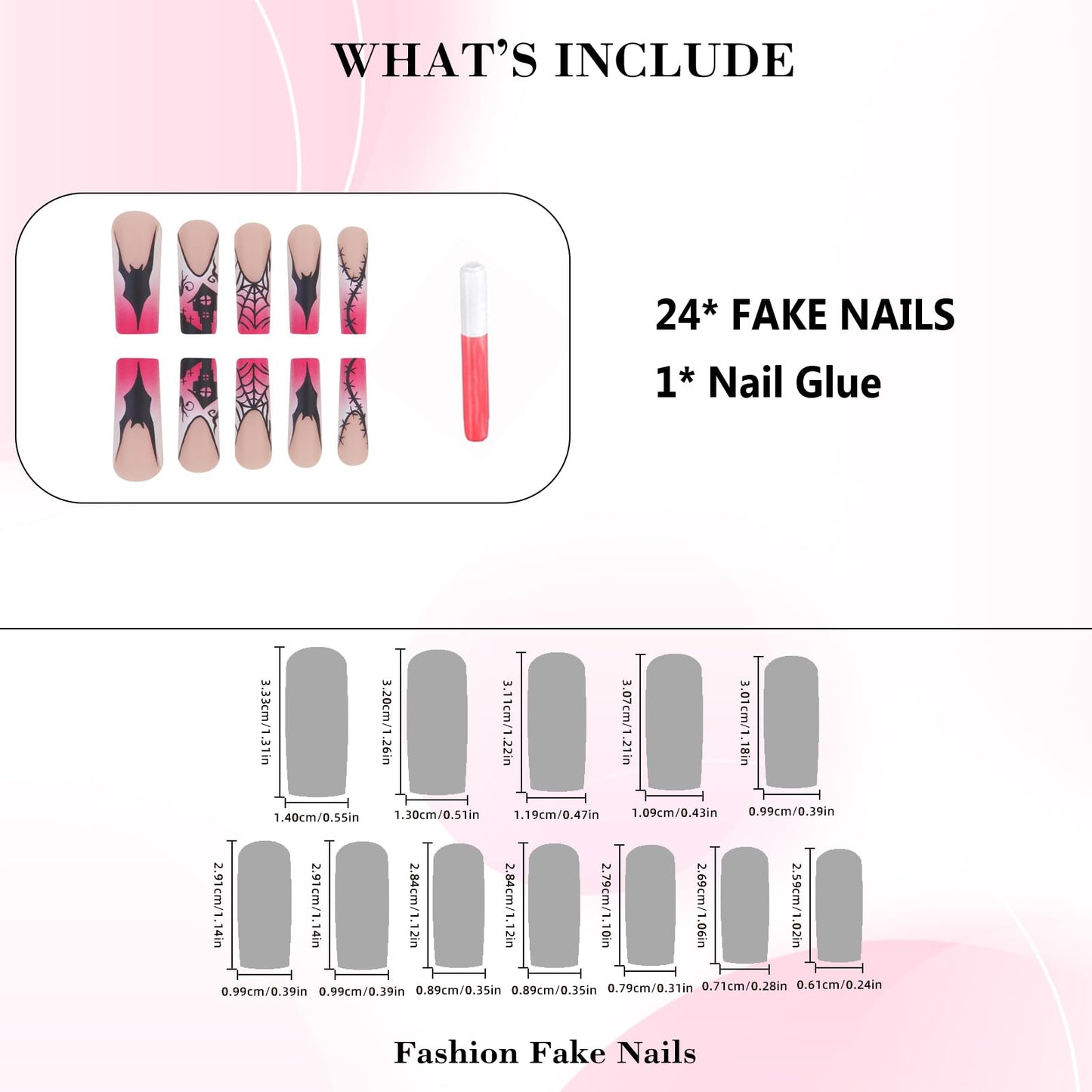 IMRAIN Halloween Press on Nails Long Square False Nails Pink French Tip Fake Nails with Black Spider Web, Bat, Castle Design Full Cover Artificial Acrylic Glue on Nails for Women
