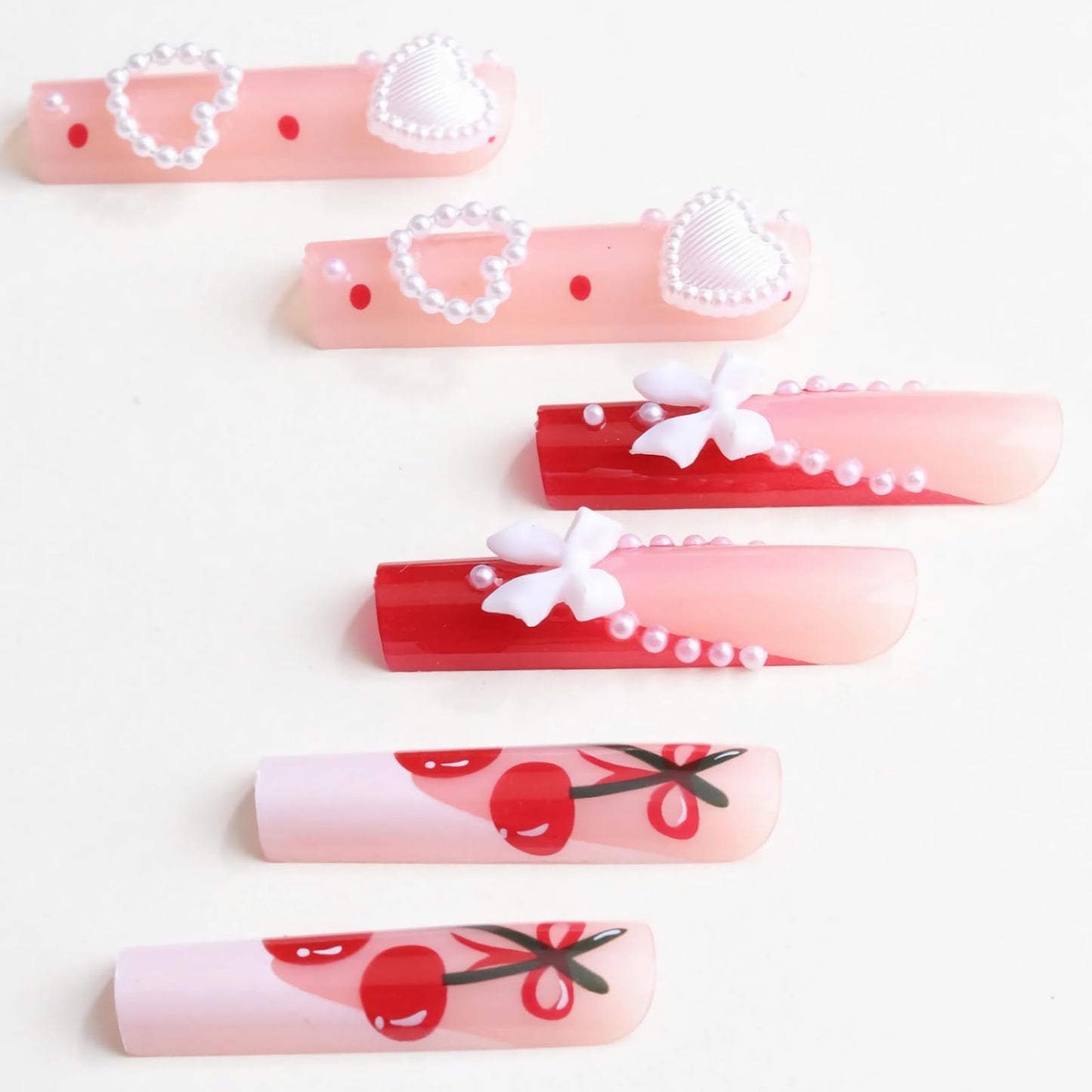 MISUD Press on Nails - Extra Long Square Glue on Nails with Red French Tip, Acrylic Cherry Bow Design 24 pcs