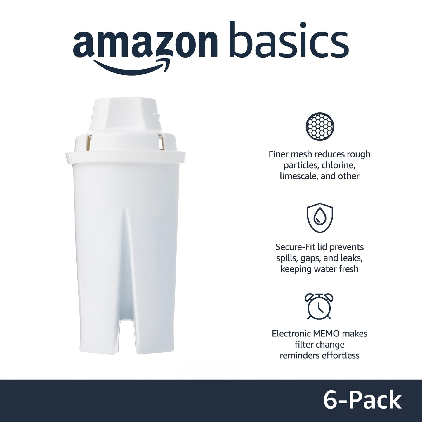 Amazon Basics Enhanced Replacement Water Filters for Pitchers, BPA-Free, WQA & NSF Certified, Compatible with Brita Pitchers & Drinking Water Filter Systems, 1 Year Supply, 6-Pack