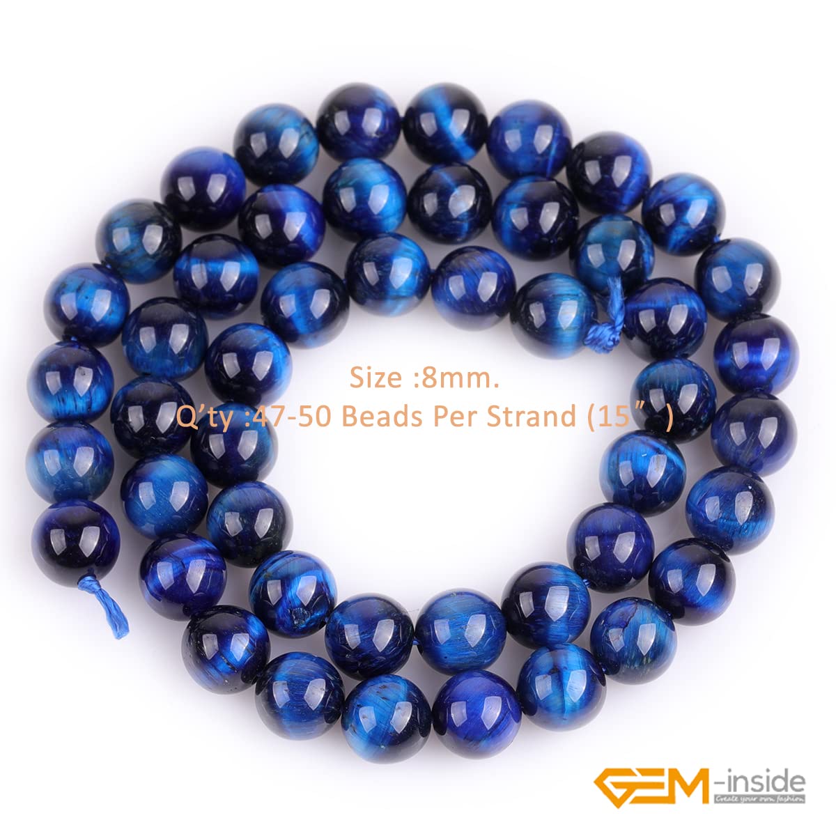 GEM-Inside 8mm Lapis Blue Tiger Eye Gemstone Loose Beads Dyed Color Round Crystal Energy Stone Power for Jewelry Making 15"