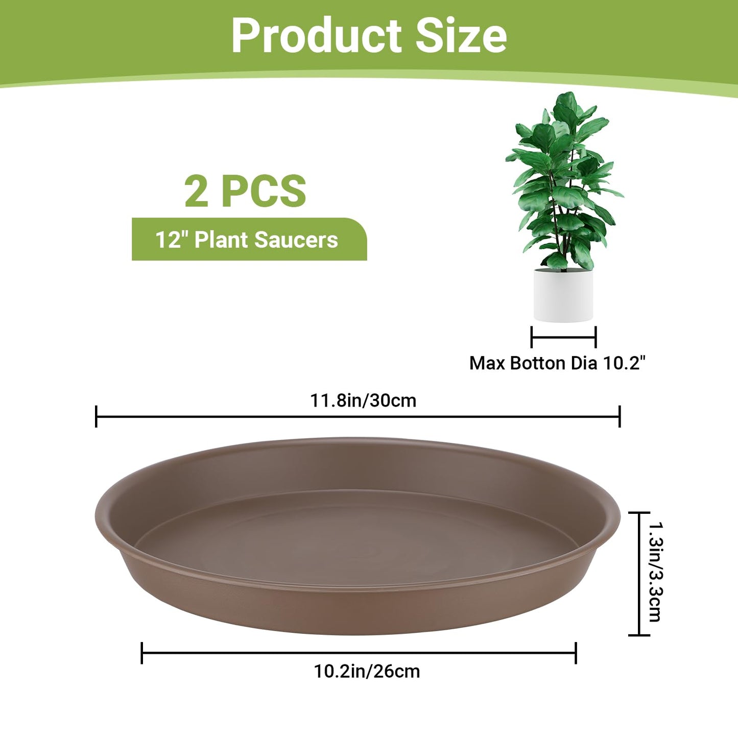 GREANER 12 Inch Plant Plates to Catch Water, 2PCS Brown Heavy Duty Humidity Trays for Indoor Plants, Deep Plant Saucer for Pot