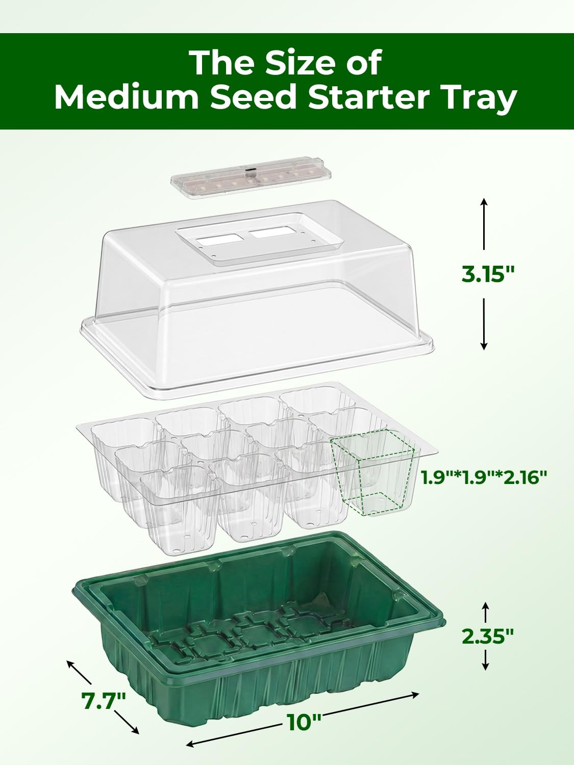 Seed Starter Tray 3 Pack with Heating Mat & 24 Full Spectrum LEDs Grow Light – Auto cycle Timer, Humidity Dome Ventilation Cover, Drainage Holes, Includes Gardening Tools – Transparent version