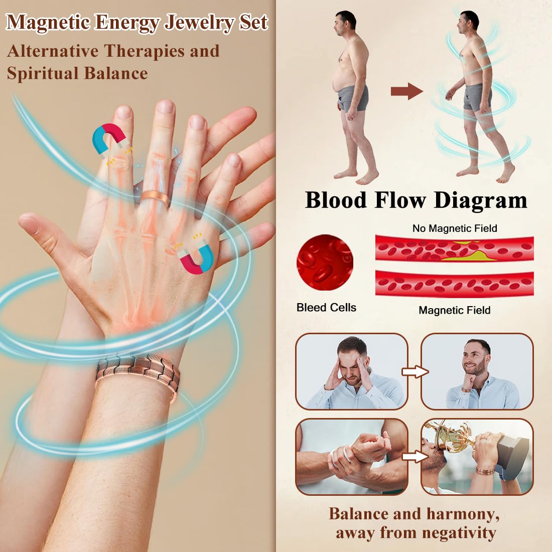 Cigmag 3X Copper Bracelet for Men Triple Ultra Strength Magnets Pure Copper Magnetic Bracelet & Ring Set with Adjustable Sizing Tool